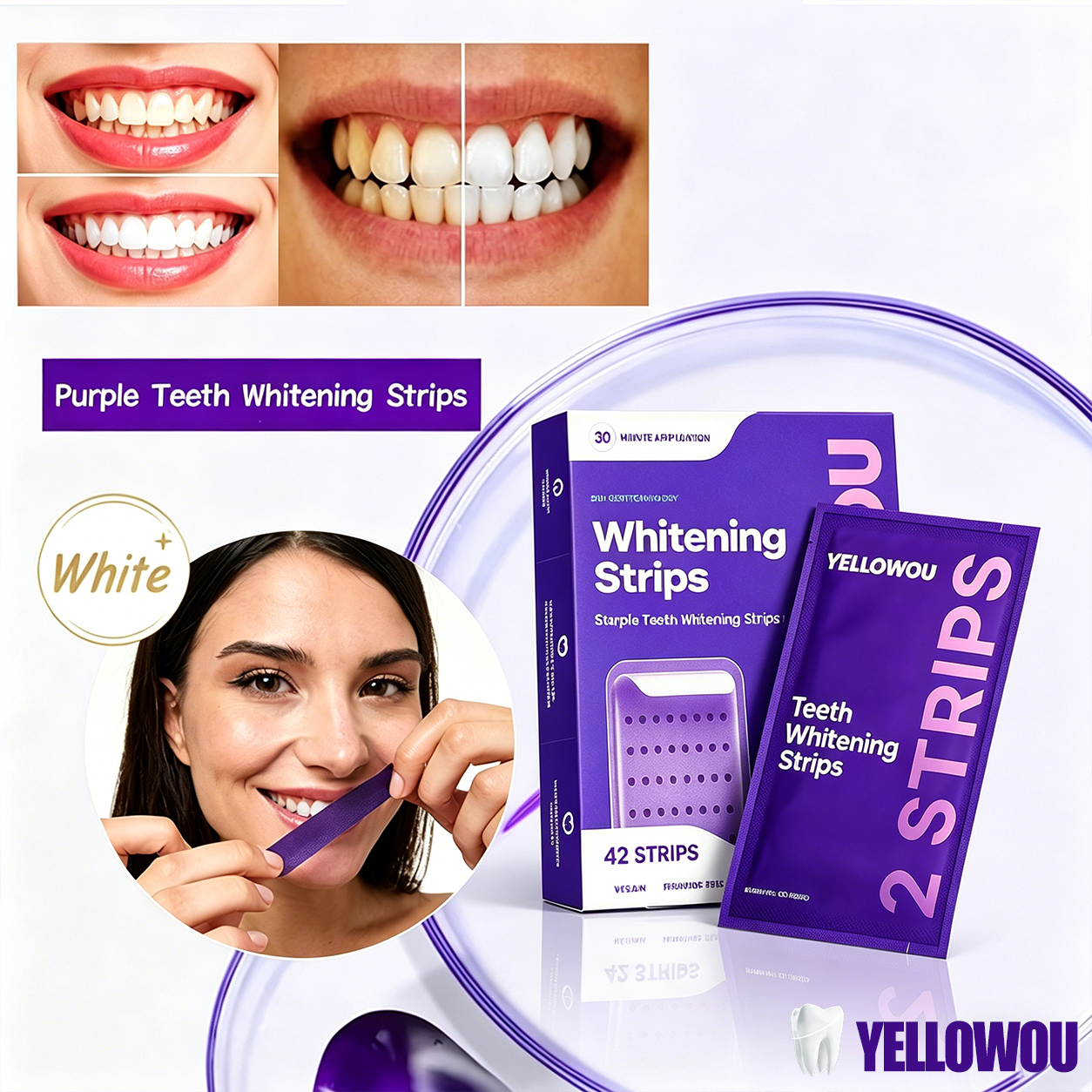 YELLOWOU Purple Teeth Whitening Strips 14 Treatments - Safe for Enamel - Non Sensitive Teeth Whitening - Whitening Without Any Harm - Pack of 28 Strips