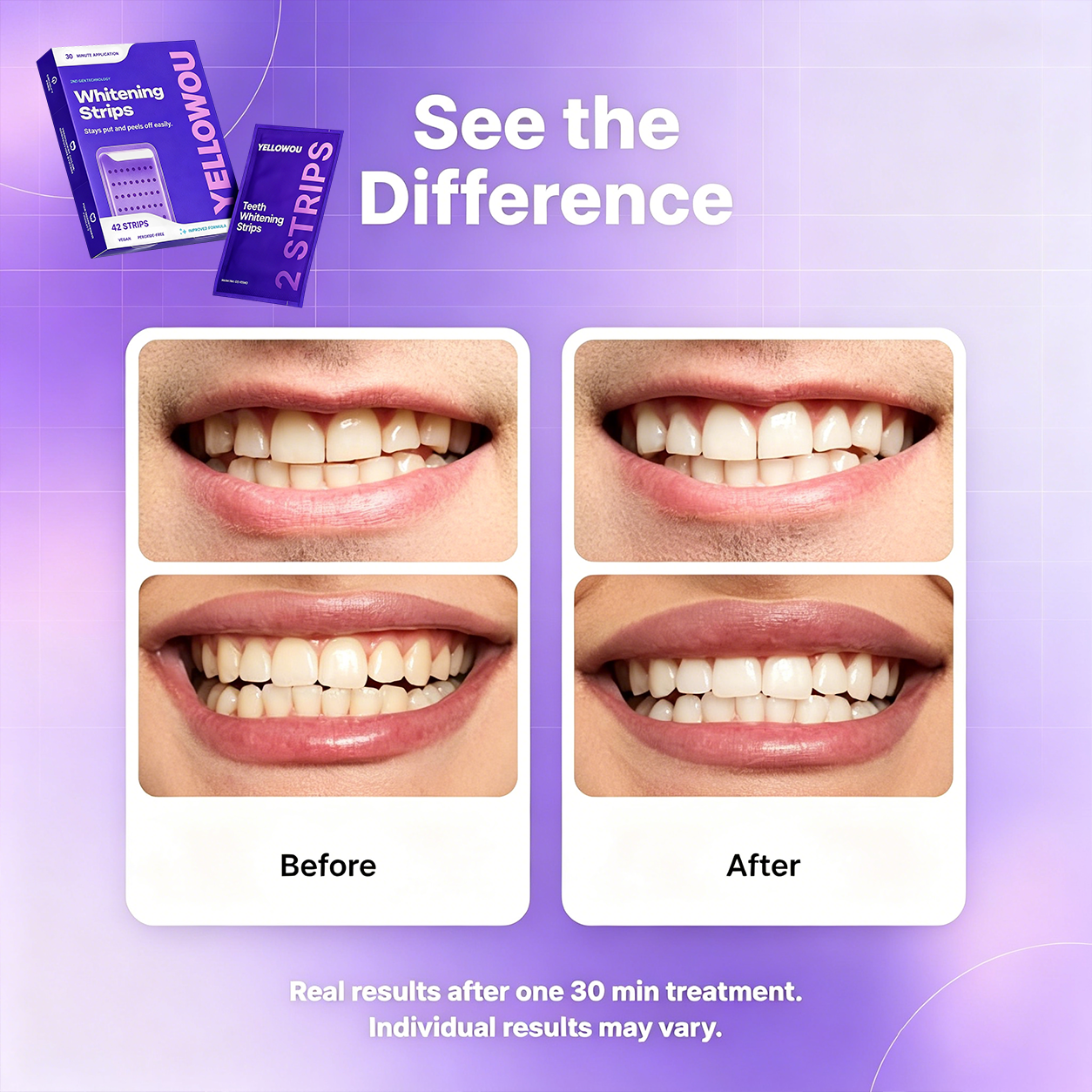 YELLOWOU Purple Teeth Whitening Strips 14 Treatments - Safe for Enamel - Non Sensitive Teeth Whitening - Whitening Without Any Harm - Pack of 28 Strips